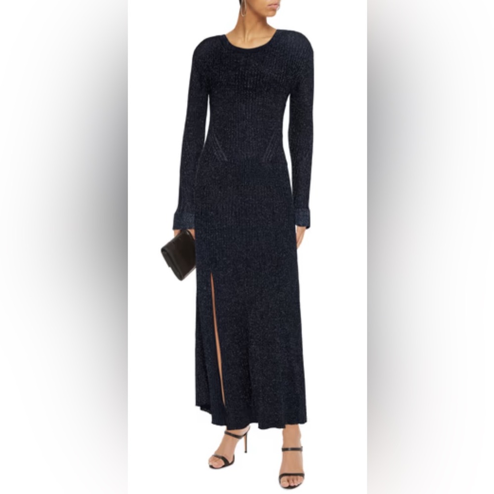 CHLOE Long Sleeve Blue Ribbed Knit Glitter Front Slit Maxi Dress sz L